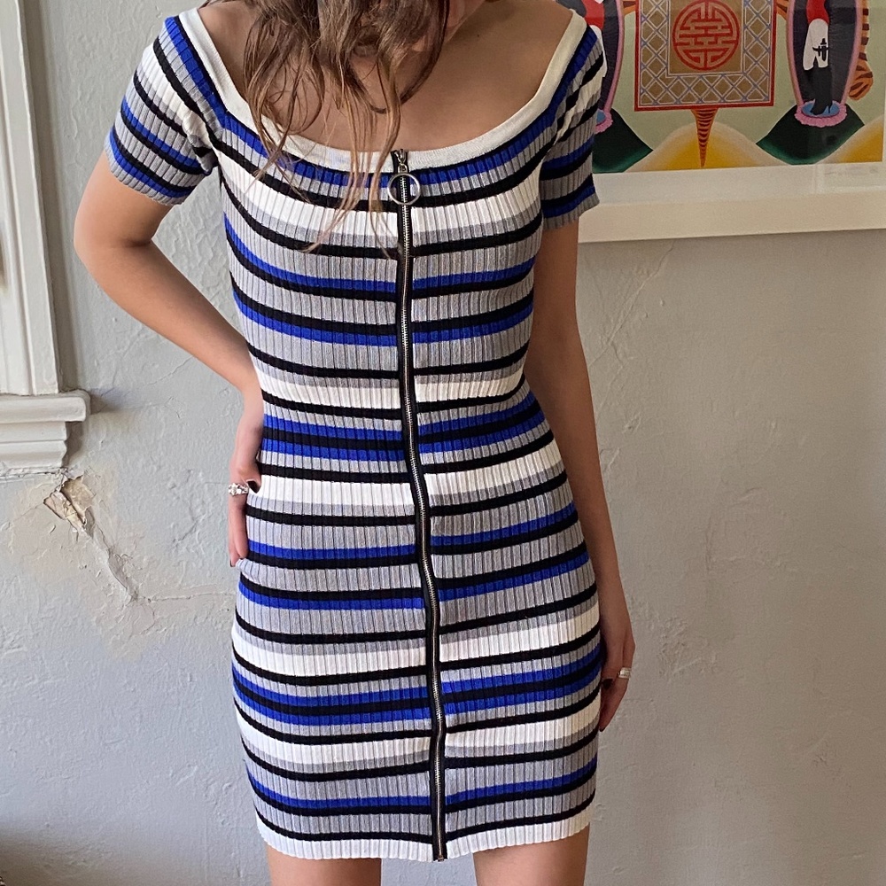 Black and Blue Striped Bodycon Zipper Dress
